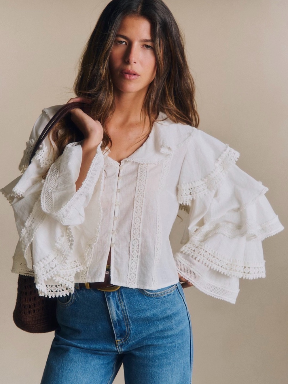 Sezane Rodolfo White Layered Ruffle Lace-Trim shirt